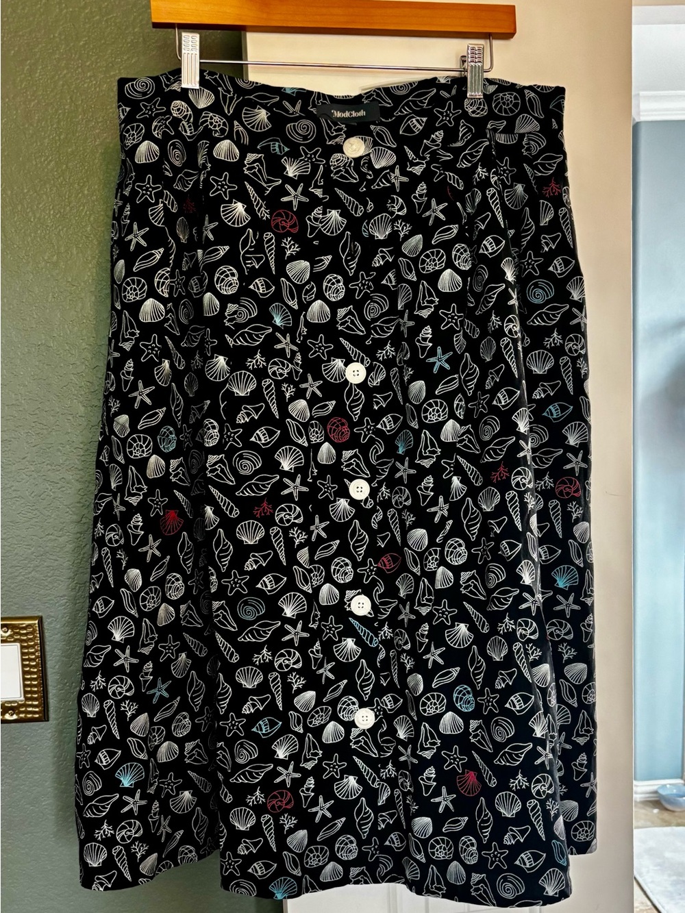 ModCloth Black Seashell Print A-Line Skirt with White Buttons